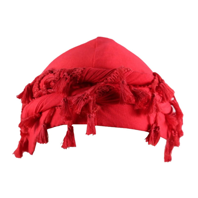 Vibrant red men satin lined tassel headwrap in plush fabric adorned with cascading tassels.