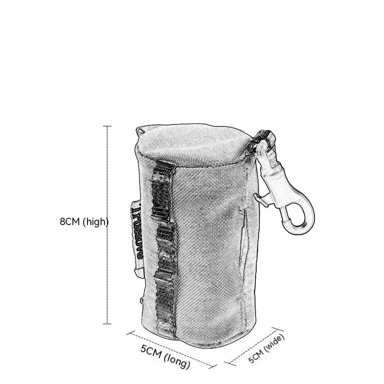 Dog waste bag holder in durable canvas with a compact cylindrical shape, metal carabiner clip, and vertical strap detailing for convenient pet poop pouch carrying.