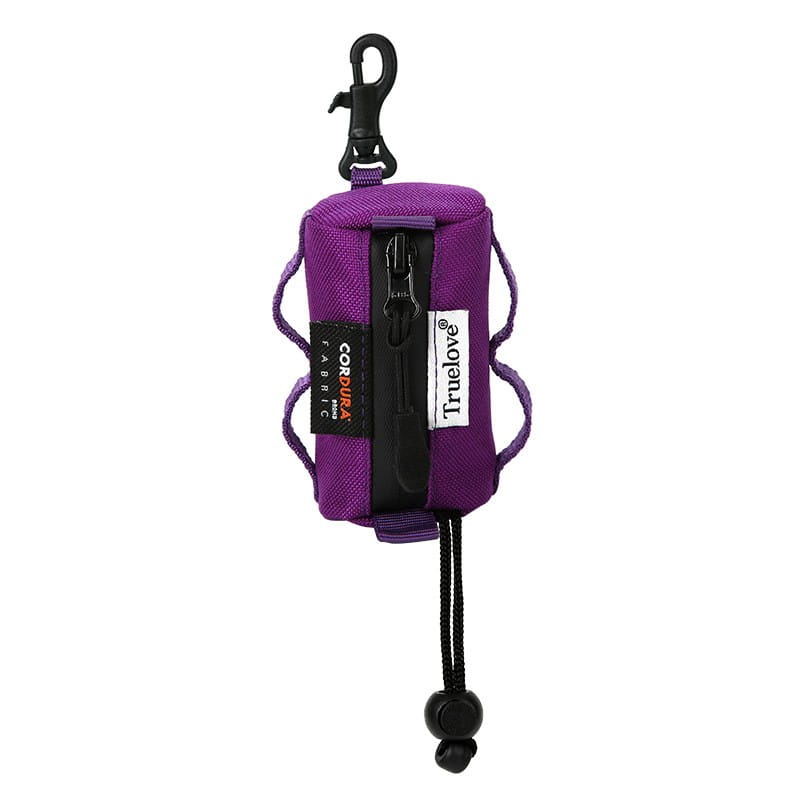 Dog waste bag holder made of durable purple truelove cordura fabric with black zipper, carabiner clip, and drawstring closure for pet poop.
