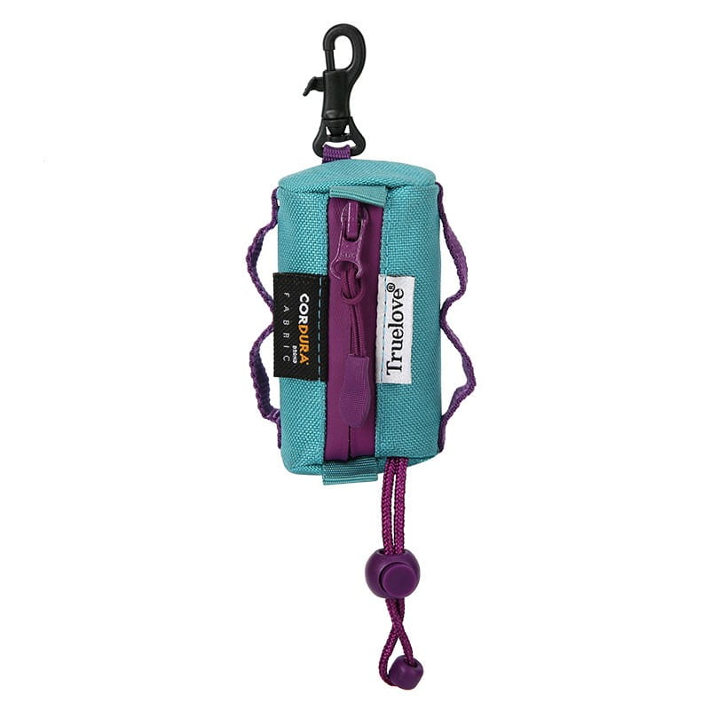 Teal and purple corduroy dog waste bag holder with zipper closure and truelove branding designed as a durable pet poop pouch.