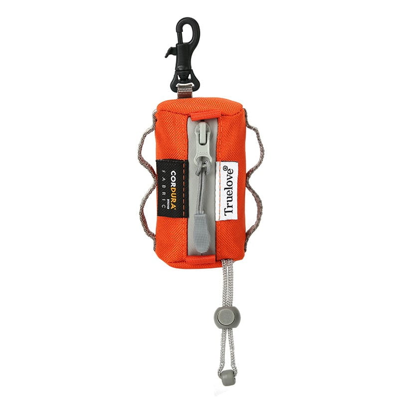 Dog waste bag holder made of durable orange truelove corbura fabric with a gray zipper and adjustable cord strap for pet poop disposal.