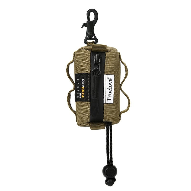 olive green cordura fabric dog waste bag holder with black zipper hook and toggle closure for durable pet poop pouch