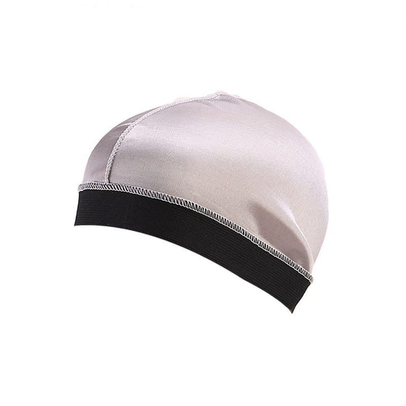 A satin elastic durag wide band headwrap featuring a sleek satin-finish silver cap with a contrasting black elastic band at the base.