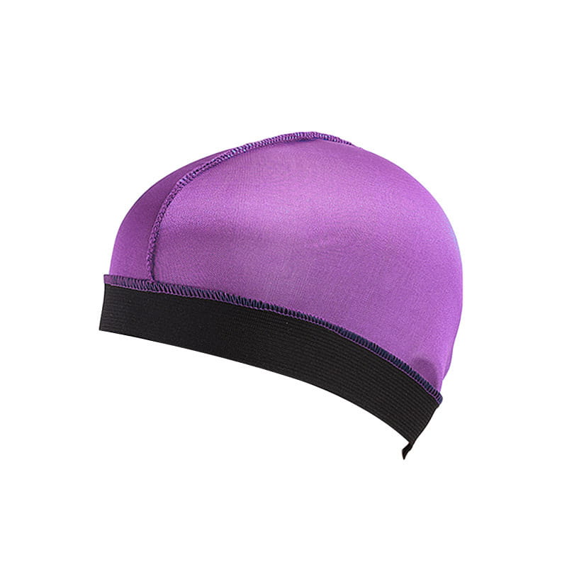 Purple satin durag with a black elastic wide band headwrap designed for comfortable wear.