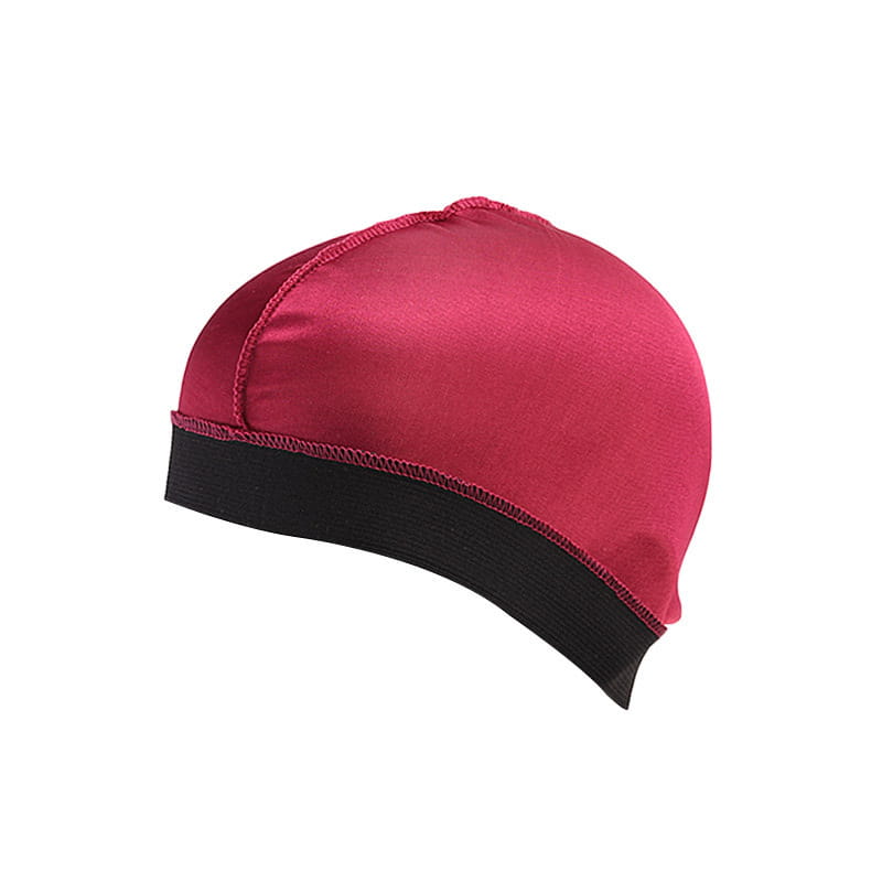 A sleek satin finish burgundy durag with a contrasting black elastic band wide band headwrap.