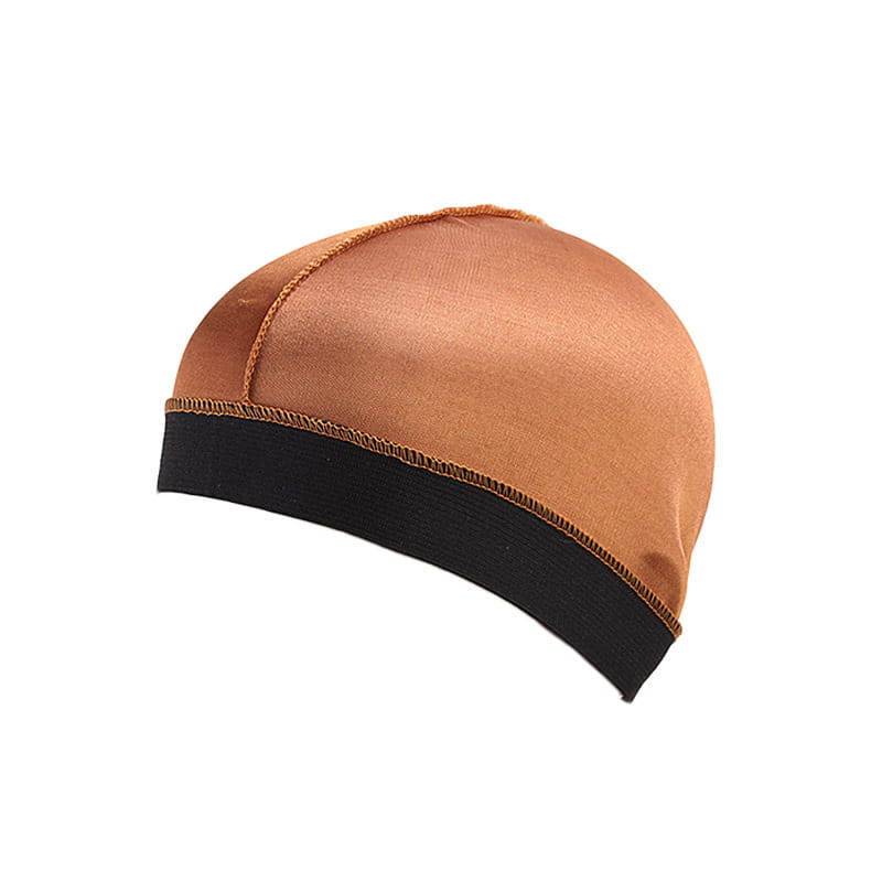 tan satin durag with a black elastic wide band headwrap shown from the back side
