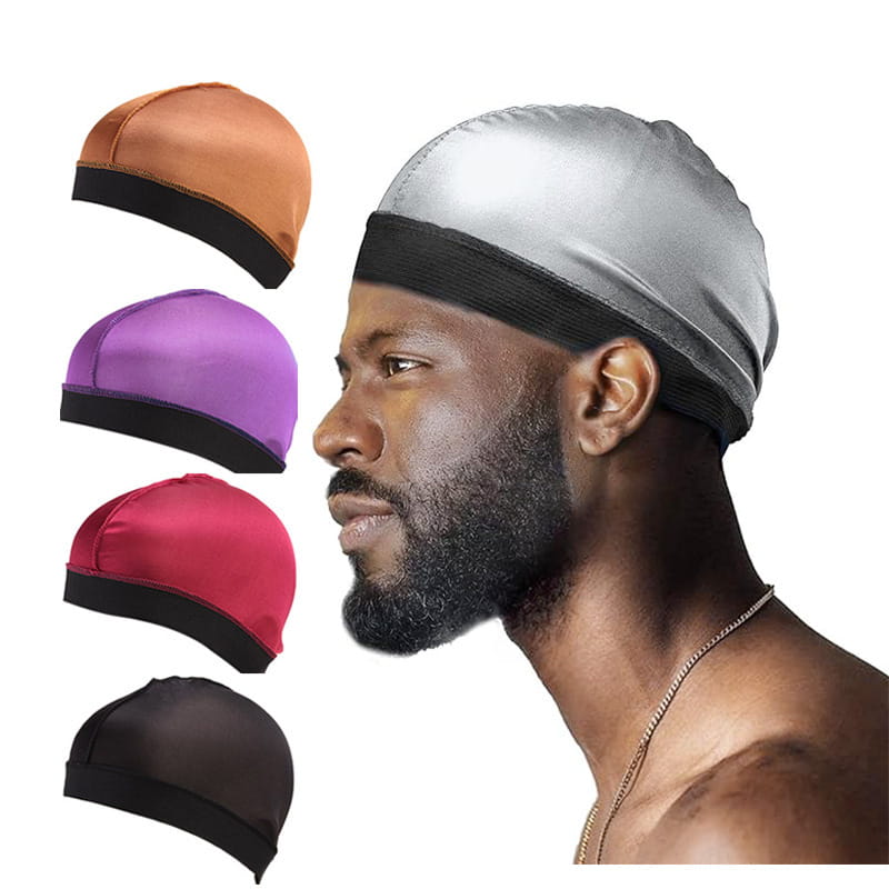 silver satin sleep cap with black elastic wide band shown from the back designed as a satin elastic durag wide band headwrap