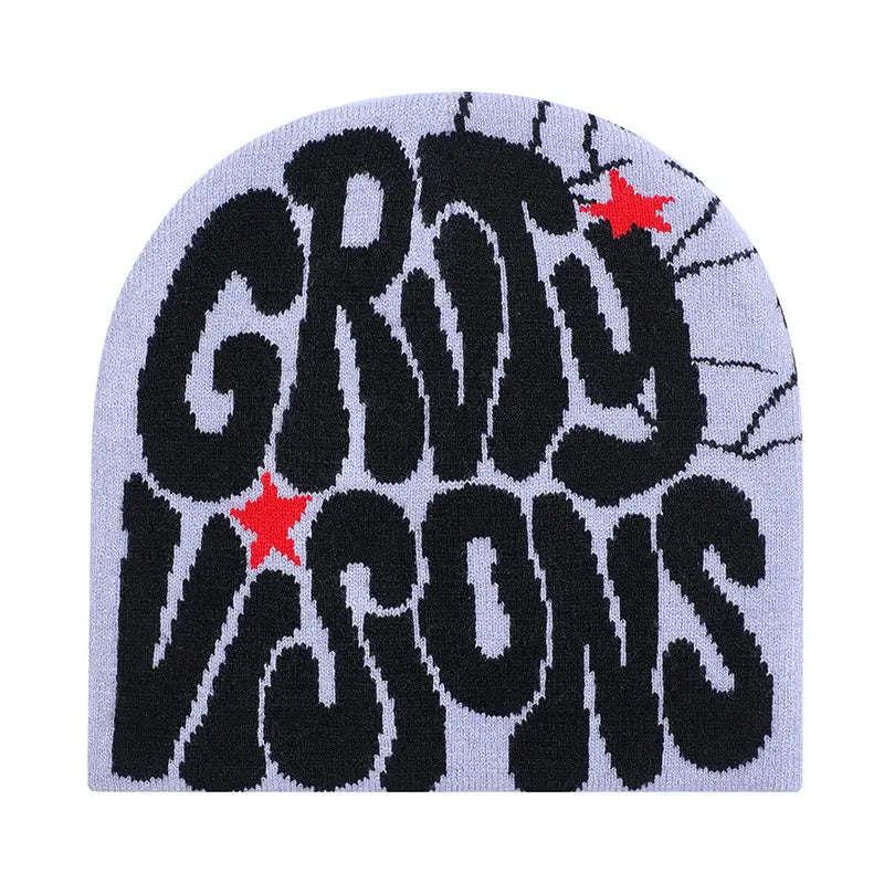 Light gray knitted Grady Visions knit beanie hat featuring bold black grody visions lettering with red star accents.