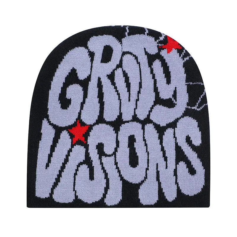 Black knit Grady Visions beanie hat featuring bold light gray croty visions lettering with red star accents.