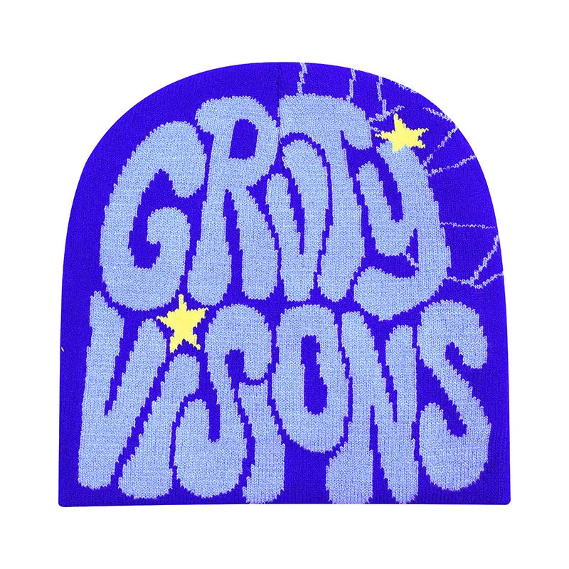 Purple knit Grady Visions beanie hat featuring light blue groty visions lettering and yellow star accents.