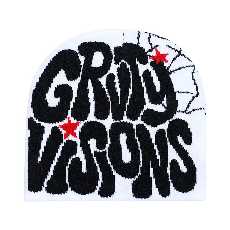White knit beanie hat featuring bold black gritty vagons lettering with red stars and a spiderweb design by Grady Visions.