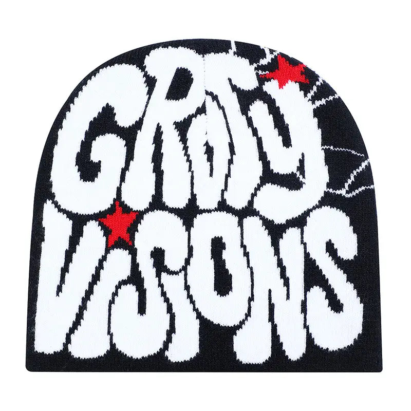 black knit Grady Visions beanie hat featuring bold white crov and visions lettering with red star accents
