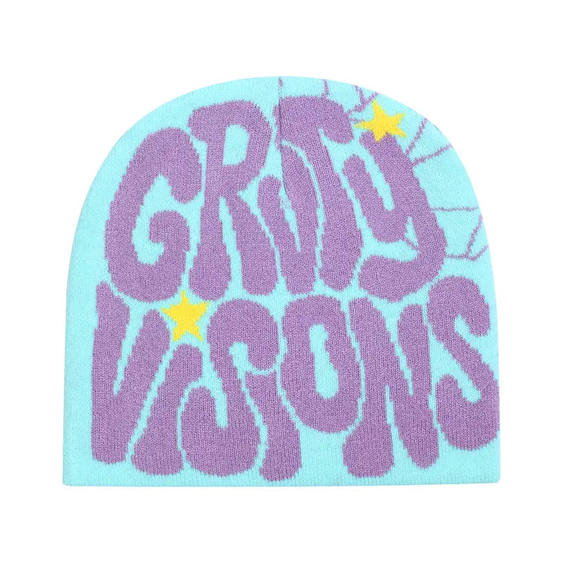 A light blue knit Grady Visions beanie hat with bold purple gritty visions lettering and two yellow stars.