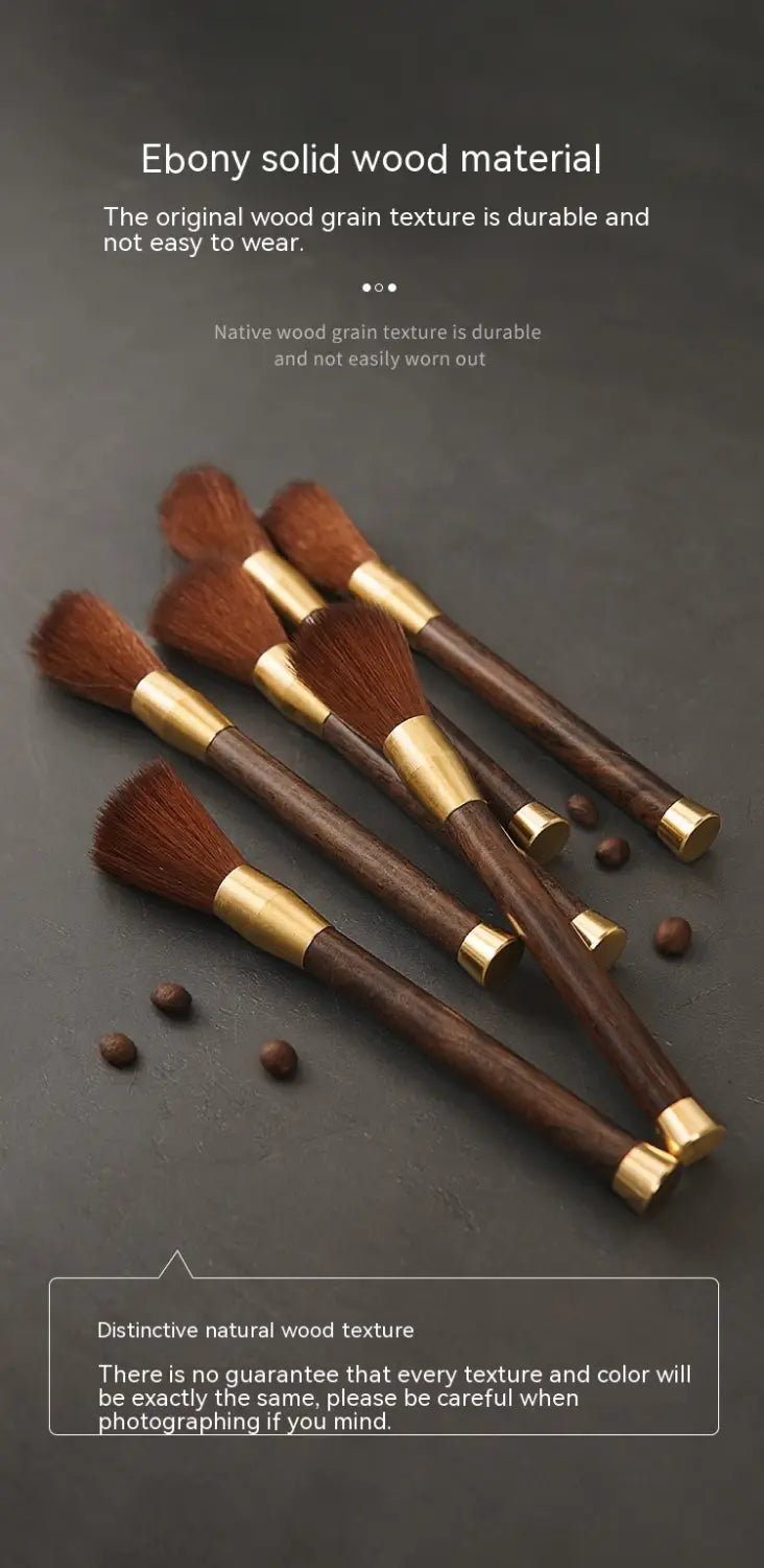 Set of five coffee grinder cleaning brushes with dark ebony solid wood handles, polished gold-tone metal ferrules, and soft brown bristles.
