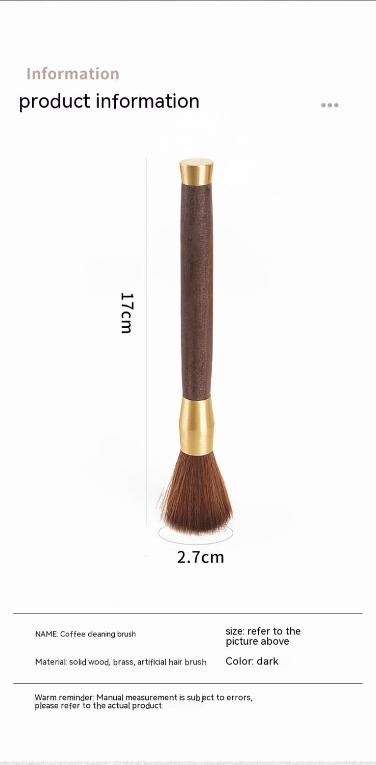 dark brown coffee grinder cleaning brush with solid wood handle, brass accents, and artificial hair bristles, part of a 5 pack set