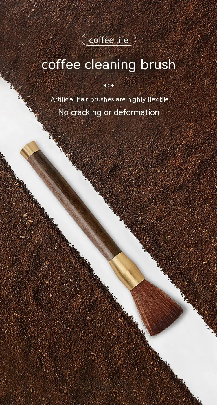 A sleek coffee grinder cleaning brush with a dark brown wooden handle, gold-toned metal ferrule, and soft artificial bristles designed for gentle and effective cleanup.