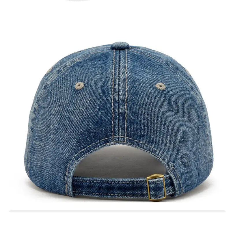 Men denim nyc baseball cap in faded blue wash with contrasting light stitching made of denim material