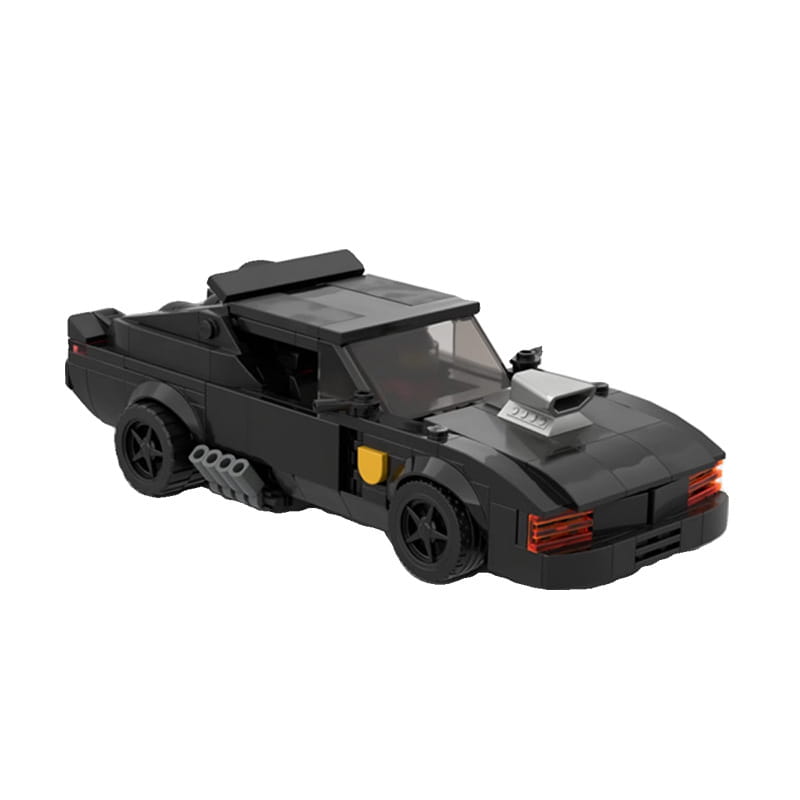 Black lego-built v8 interceptor muscle car with silver hood scoop yellow accent panel and red led-style taillights shown from the back side in a 338 piece building blocks set.