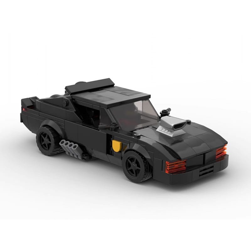 Back side view of black lego-built v8 interceptor muscle car with sleek low-profile design featuring red taillights and yellow accents on the side made from 338 building blocks.