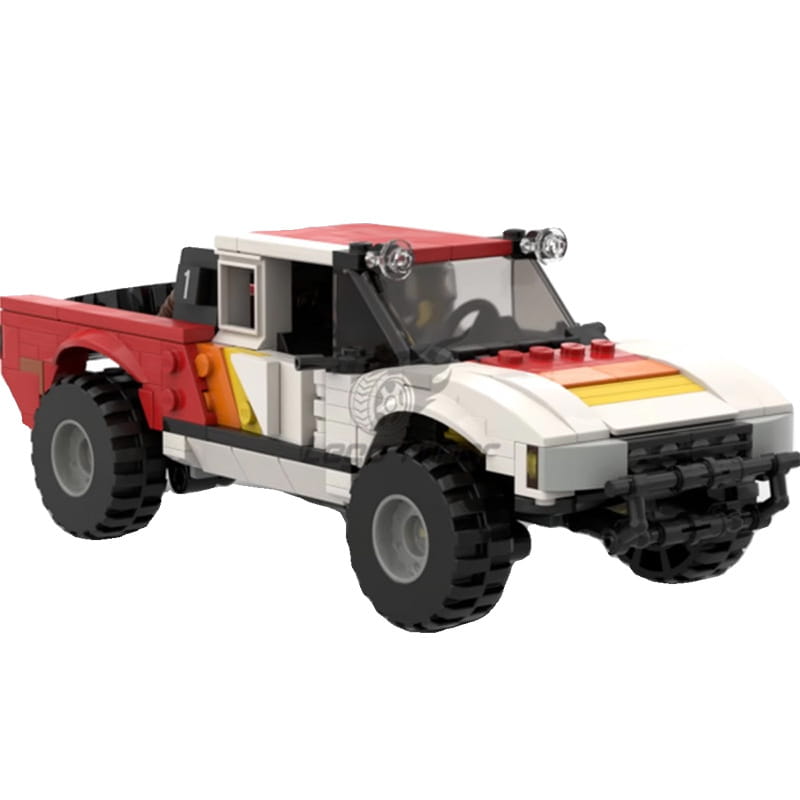 Red and white lego off-road pickup truck building block toy with black tires and rugged detailed design consisting of 403 pieces.