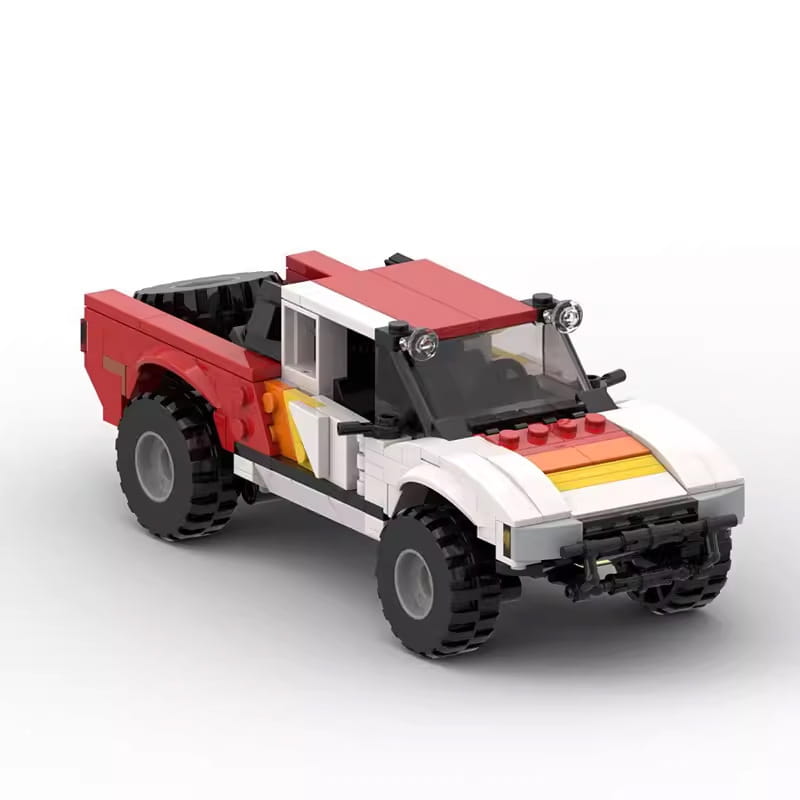 Off-road pickup truck building block toy with 403 pieces featuring a red and white lego design with black tires and a yellow stripe.