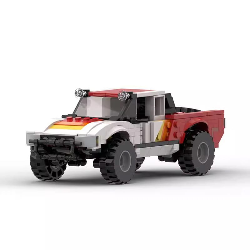 Red and white off-road pickup truck building block toy with black tires and flame design on the side consisting of 403 pieces.