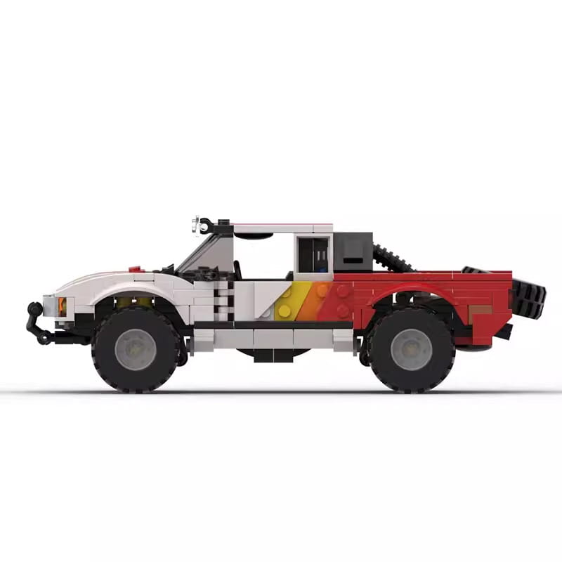 Red and white lego-built off-road pickup truck toy with black tires and a yellow-orange stripe made of 403 building blocks for imaginative play