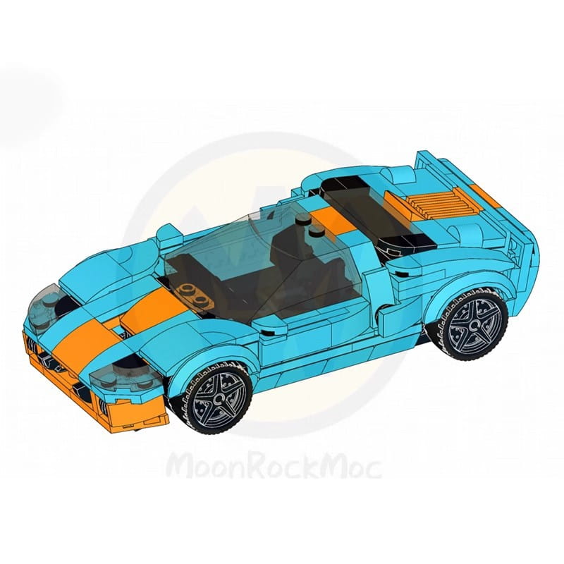 Modèle de voiture de course en blocs de construction, jouet, composé de 264 pièces, présentant une conception de voiture de sport de style LEGO turquoise et orange, avec des roues noires et un toit transparent.