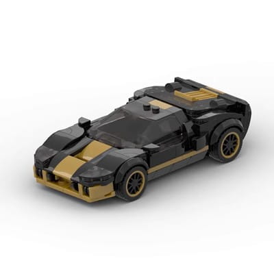 Modèle de voiture de course en blocs de construction, jouet, de style LEGO noir et or, doté d’une conception aérodynamique élégante réalisée avec 264 pièces de construction.