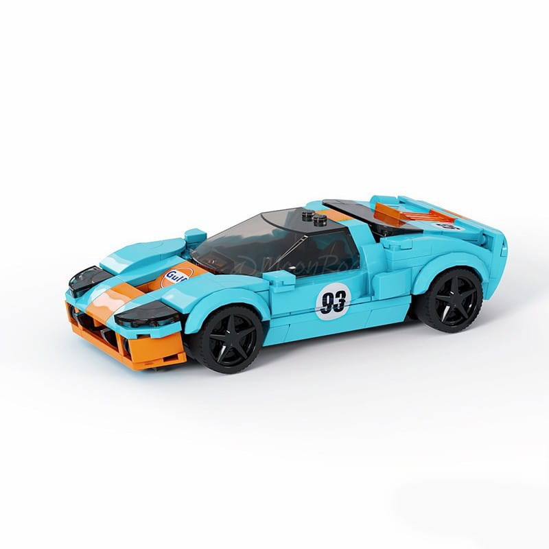 Modèle de voiture de course en blocs de construction, jouet, composé de 264 pièces, présentant une conception turquoise et orange de marque Gulf, des roues noires et le numéro 93 sur le côté.