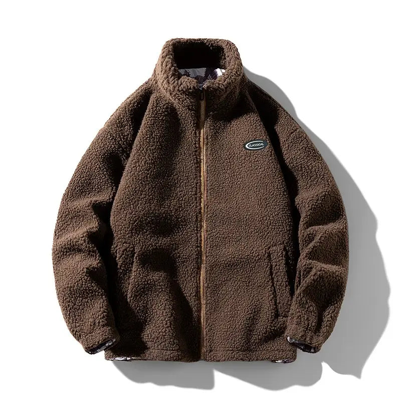 Men fleece winter jacket loose casual outerwear in brown shearling-style fleece with a high collar, zipper front, and embroidered classical logo patch on the left chest.