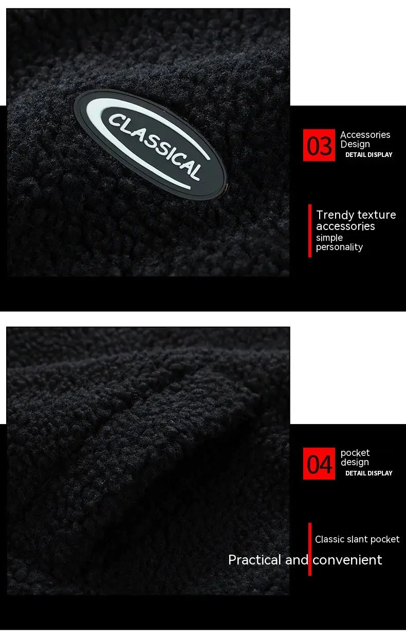 Black textured knit beanie with a sleek oval classical logo patch paired with a men fleece winter jacket loose casual outerwear.