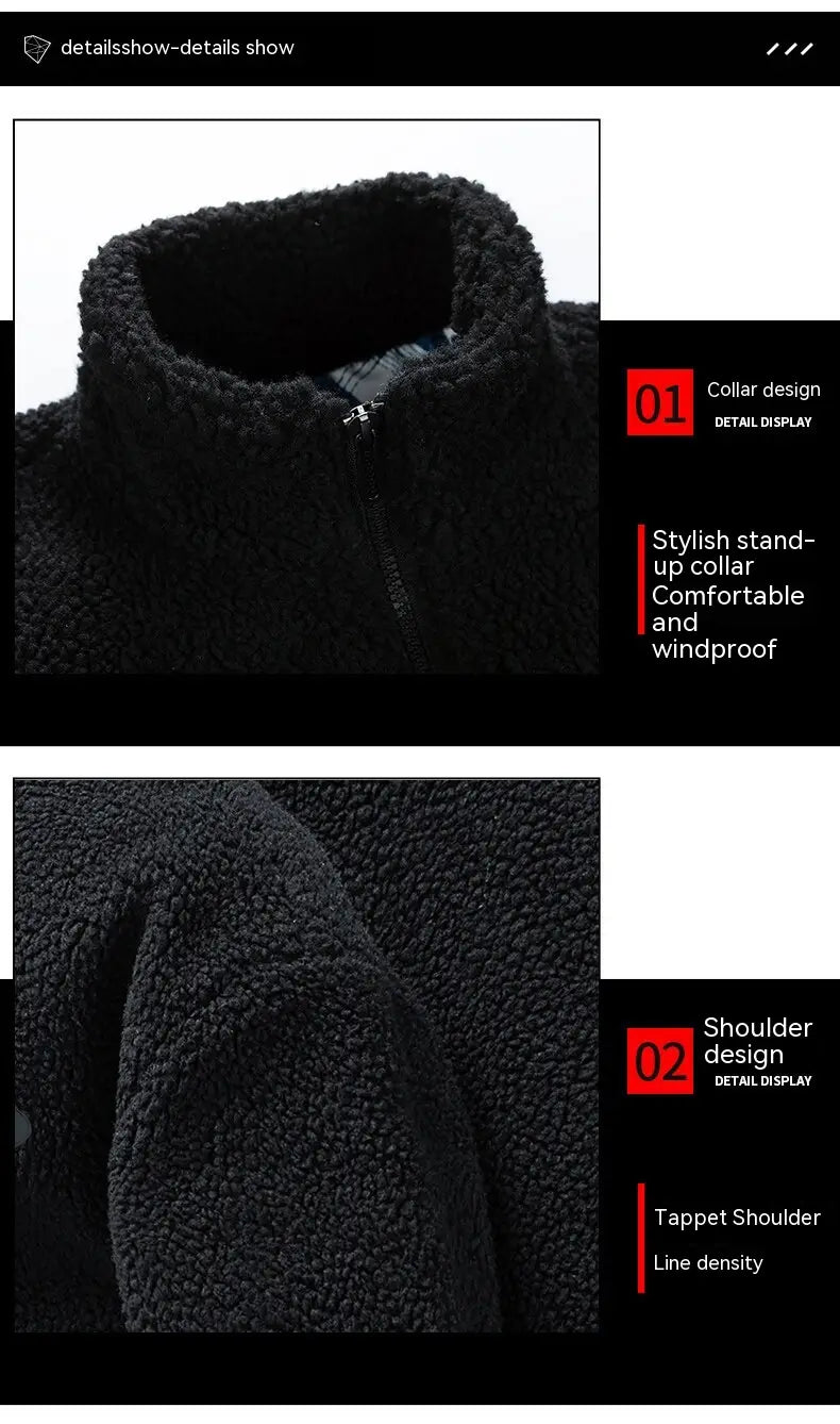 Black fleece winter jacket for men featuring a plush textured collar and tappet shoulder design in a loose casual outerwear style.