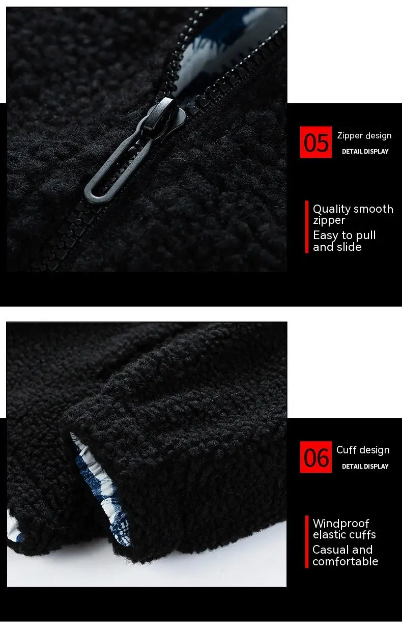 men fleece winter jacket in black featuring a glossy black zipper and windproof elastic cuffs for casual outerwear use