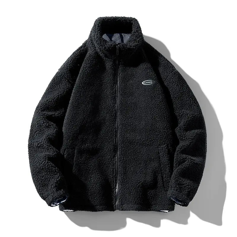 Men fleece winter jacket in black with a plush textured fleece material and a subtle embroidered logo on the chest for loose casual outerwear.