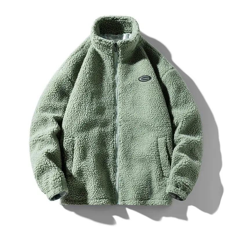 Men fleece winter jacket in moss green with a plush fleece texture and a small black embroidered logo on the left chest designed for loose casual outerwear.