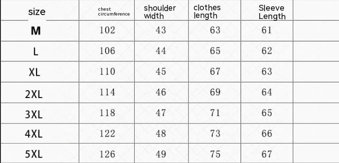 Size chart for men’s faux leather button front motorcycle jacket displaying measurements in centimeters for sizes m to 5xl.