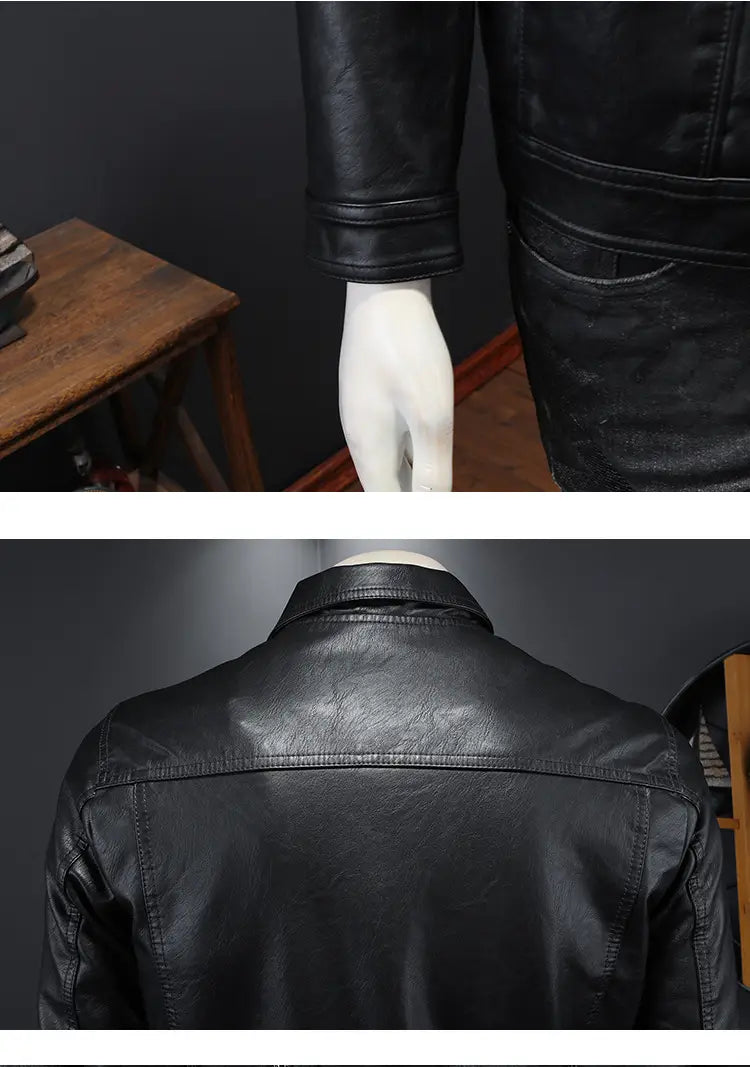Men’s black faux leather button front motorcycle jacket with a classic collar and stitched seams.