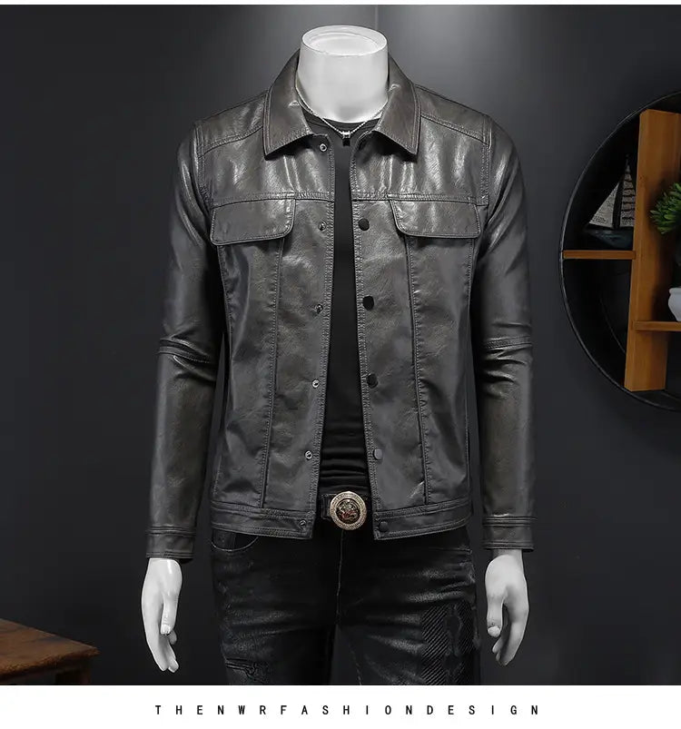 Men’s dark gray faux leather button front motorcycle jacket with classic collar and front button closure.