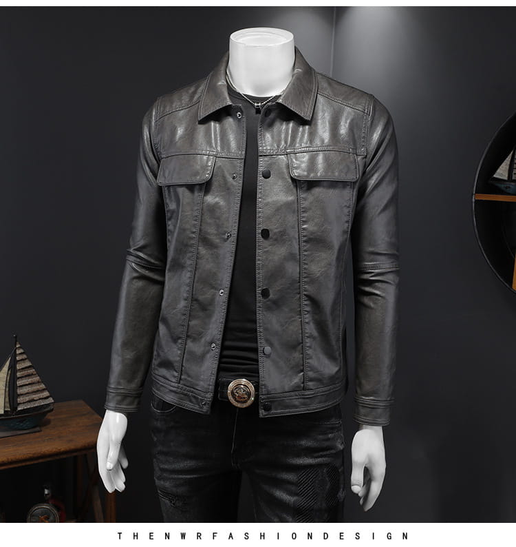 Men’s dark gray faux leather motorcycle jacket with classic denim-style design and front button closure.