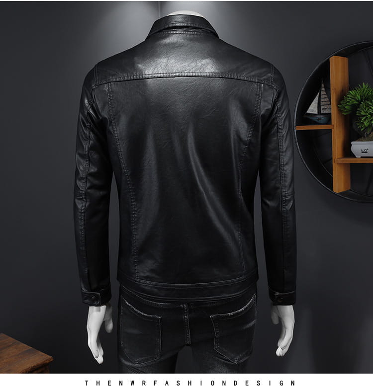 Men’s faux leather button front motorcycle jacket in black with a classic fitted design and subtle stitching details.