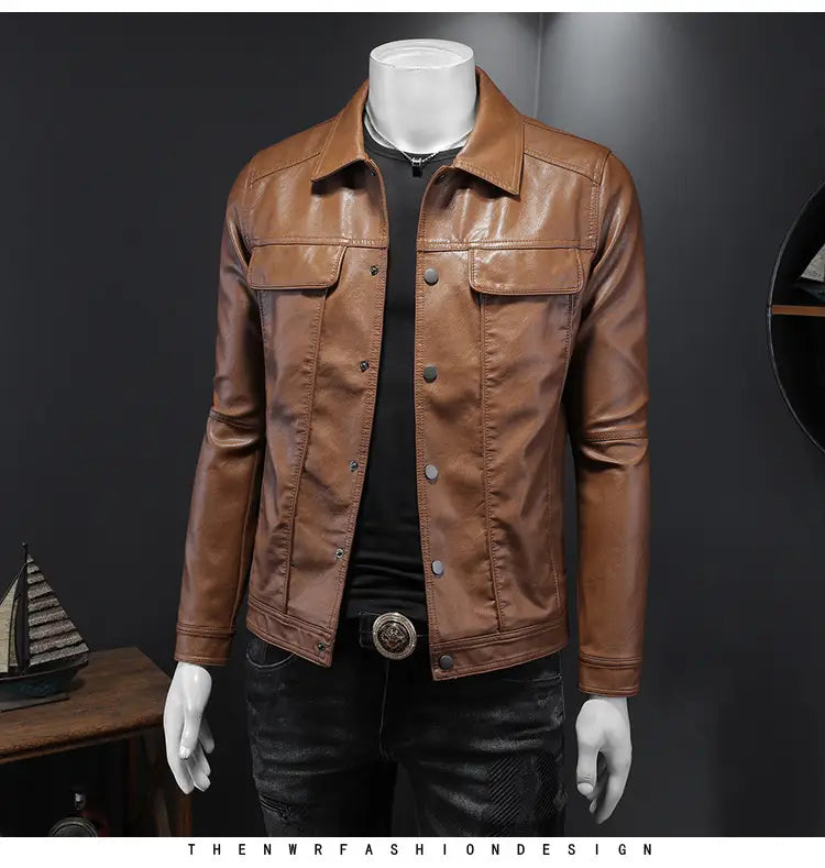 Men’s brown faux leather motorcycle jacket with classic button front design and two chest pockets.