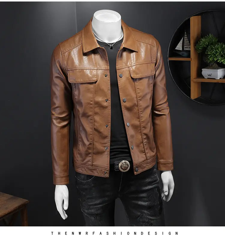 Men’s brown faux leather motorcycle jacket with classic denim-style design and front button closure.