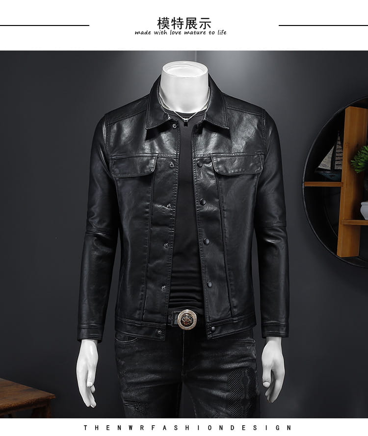 Men’s black faux leather motorcycle jacket with classic denim-style front pockets and button closures.