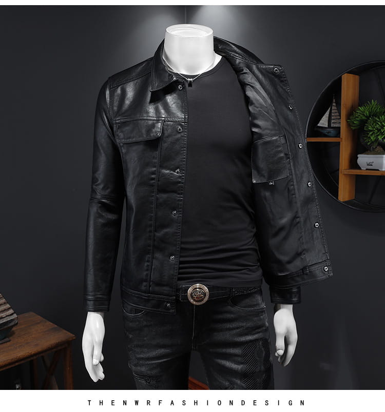 Men’s black faux leather motorcycle jacket with a classic collar, front button closure, and two chest pockets.