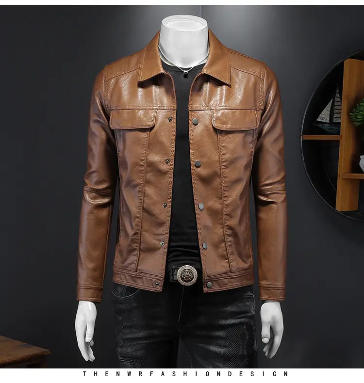 Men’s faux leather button front motorcycle jacket in tan with a sleek design and silver-toned buttons in a classic denim style