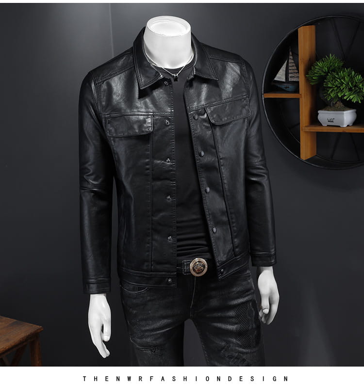 Men’s black faux leather motorcycle jacket with classic denim-style front pockets and button closures.
