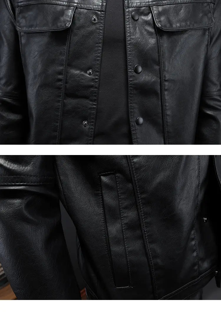 Men’s black faux leather motorcycle jacket with front button closure and flap pockets.