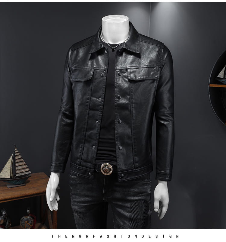 Men’s black faux leather motorcycle jacket with classic denim-style front pockets and button closures.