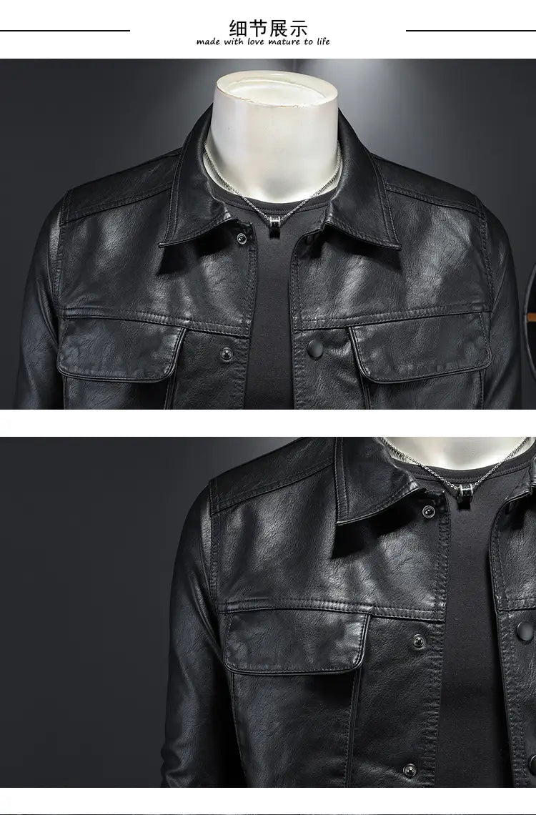 men’s black faux leather button front motorcycle jacket with classic collar and two front chest pockets
